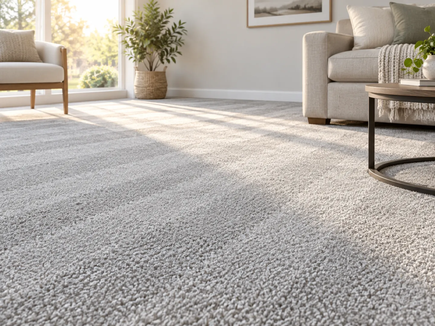 A clean living-room carpet in a bright home