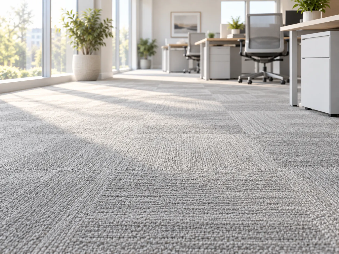 Freshly cleaned carpet tiles in an office