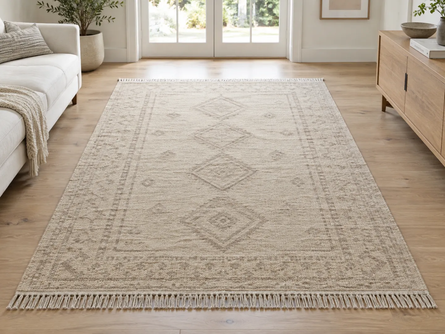 A freshly cleaned wool area rug on an oak floor