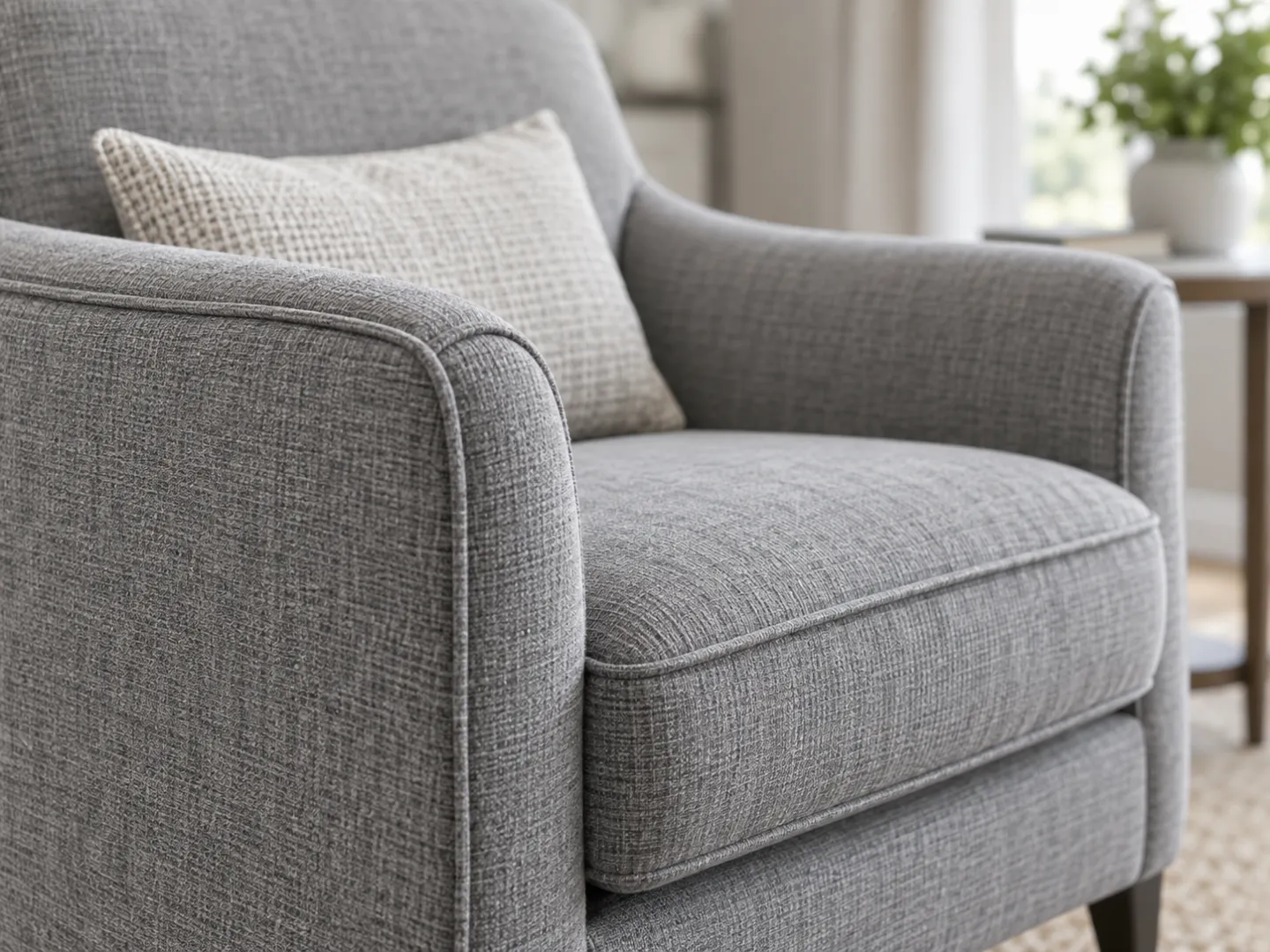 A restored grey upholstered armchair