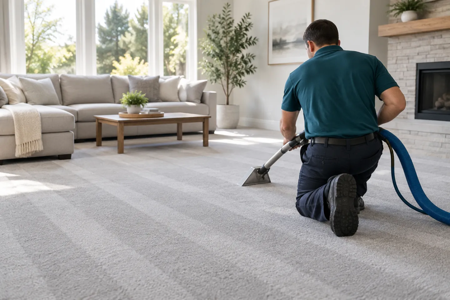 A freshly cleaned light-grey carpet in a bright Toronto living room