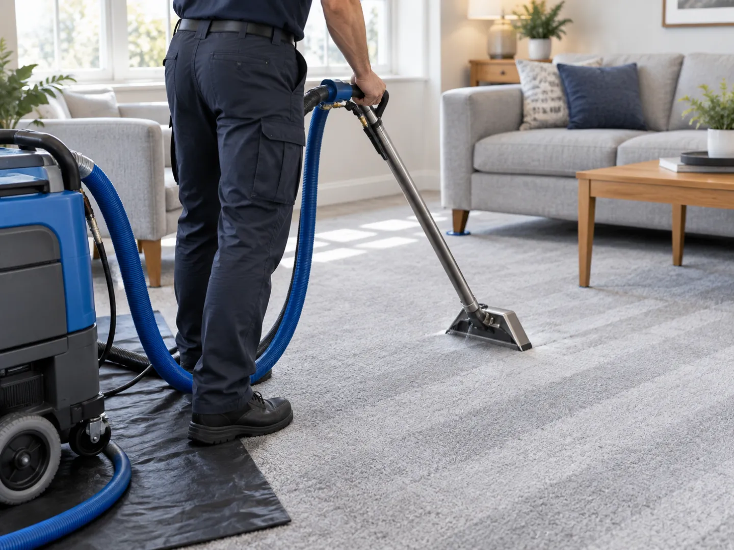 A technician extracting a carpet with a professional wand