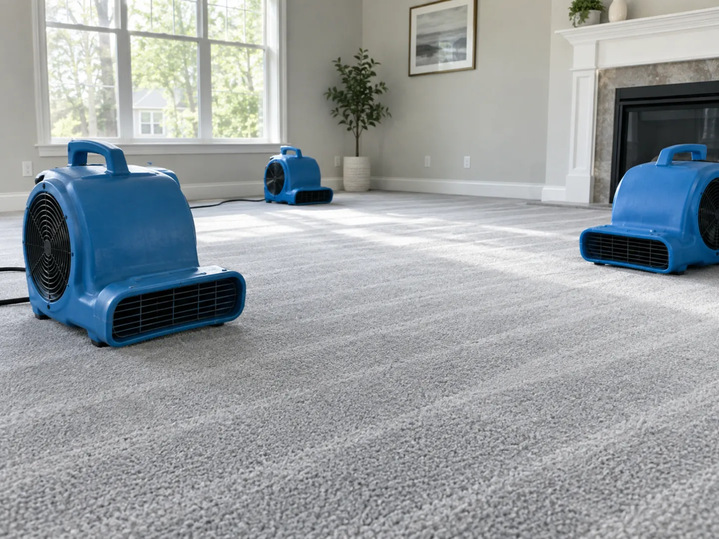 Air movers drying a freshly cleaned carpet